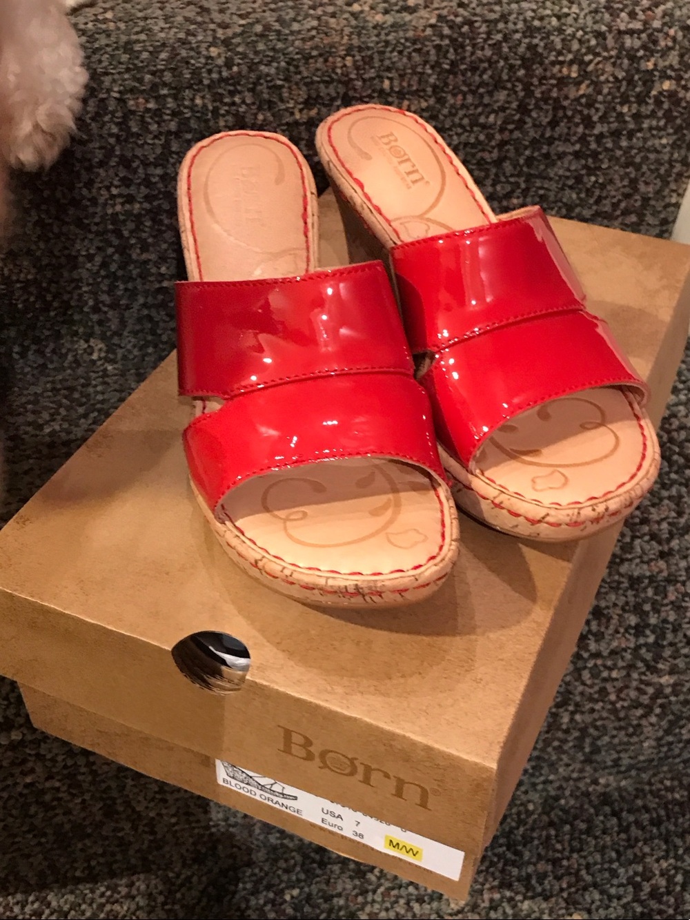Born Red Patent Slide Mules with Espadrille Stitching